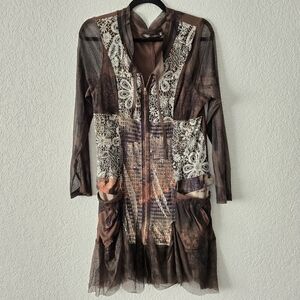High Secret Brown Patchwork Mesh Hoodie Dress Lace Graphic Zip Up Womens‎ Large